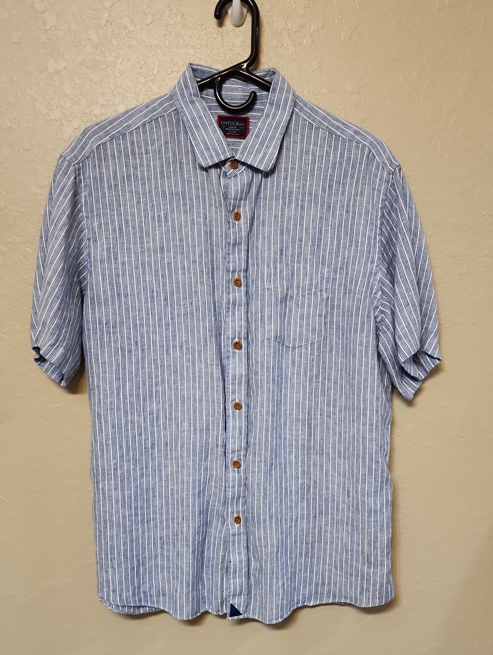 Untuckit Men’s Blue Striped Linen-Blend Short Sleeve Shirt
